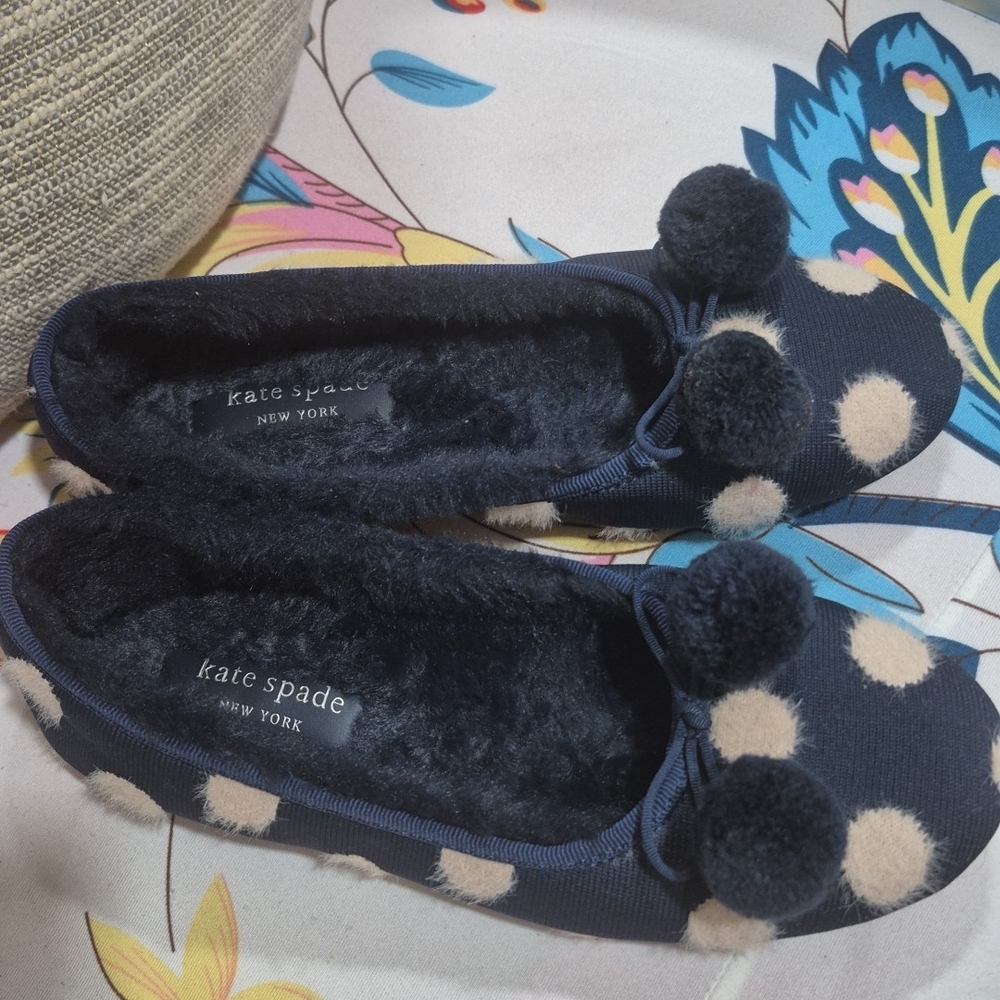 kate spade Navy and Cream Polka Dot Pom-Pom Women's Slippers